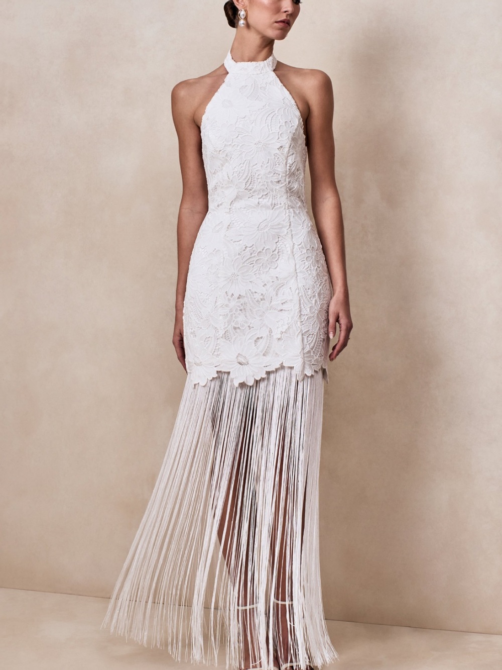 Club L SKYLAR White Lace Halter-Neck Maxi Dress With Open-Back And Bow Detail